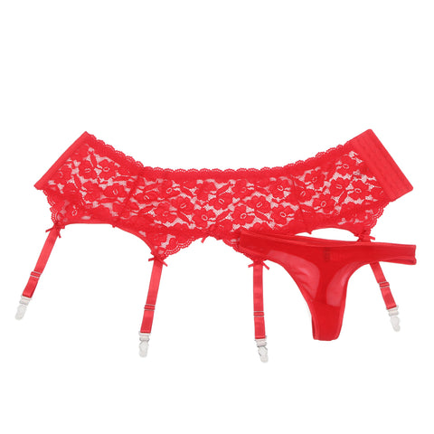 Sexy Lace Metal Clips Garter & Panty P5253-2 Red M/L