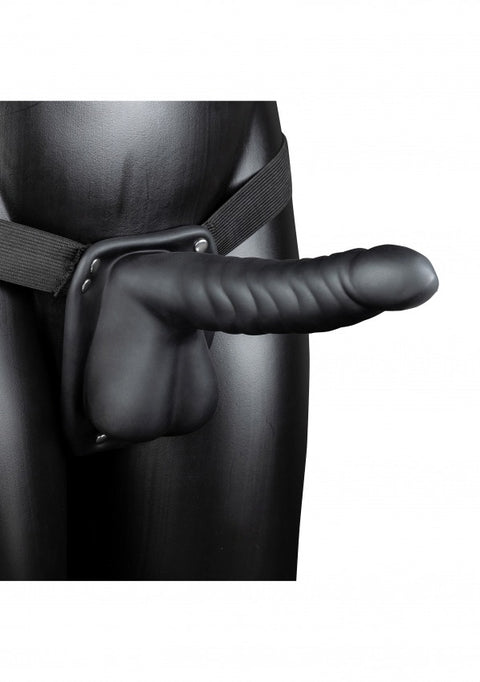 Ouch Ribbed Hollow Strap-On w/Balls 8" Black