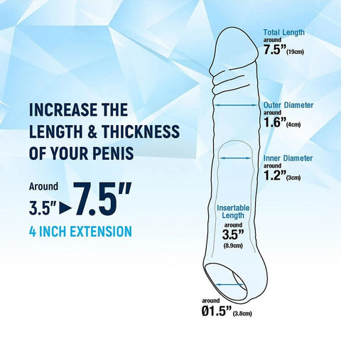 Diagram showing a 4-inch extension for increasing penile length and thickness on a light blue geometric patterned background.