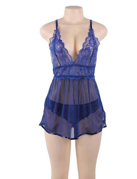 Elegant Backless Fly-away Babydoll & Panty Set  R80641-3P Blue 3XL/4XL