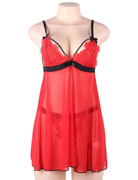 Lace Delicate Embroidery Babydoll/Chemise Set R80926-2P Red M/L
