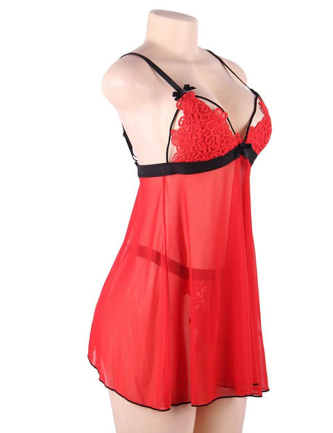Lace Delicate Embroidery Babydoll/Chemise Set R80926-2P Red M/L