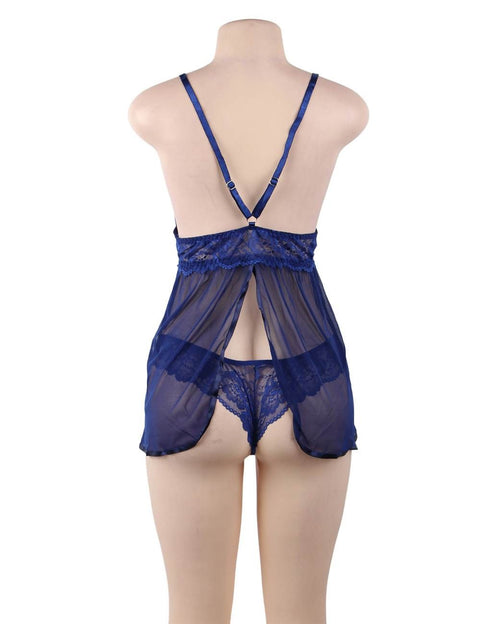 Elegant Backless Fly-away Babydoll & Panty Set  R80641-3P Blue 3XL/4XL