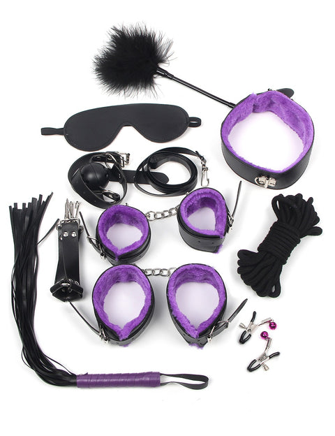 Faux Leather Ten Piece Bondage Set C80719-3 Purple