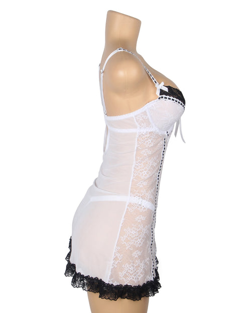 Sexy Lace Ruffled Suspender Nightdress/Chemise & Matching G-String Set R82096-2P White 2XL