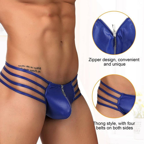 Mens Synthetic Leather Sexy Zipper Undies MP068-2 Blue S