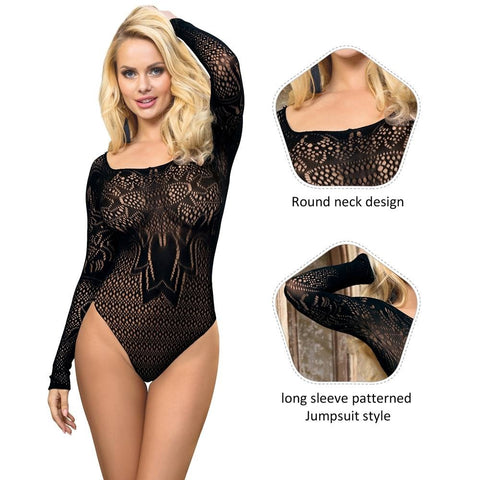 Long Sleeve Fishnet Off-the-Shoulder Bodysuit H3470 Black XS/M