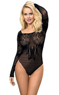 Black lace long-sleeve bodysuit with detailed design on a white background
