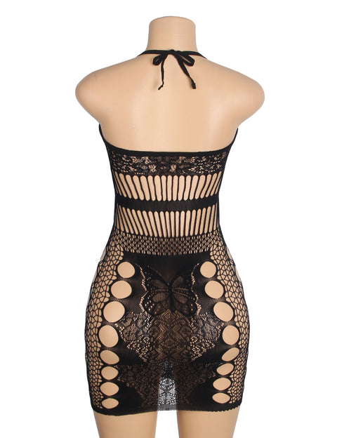Black Sexy Jacquard Hollow Out Halter Bodystocking Dress H3632-1 XS-M Black