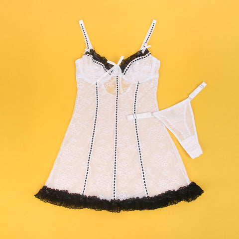 Sexy Lace Ruffled Suspender Nightdress/Chemise & Matching G-String Set R82096-2P White 2XL