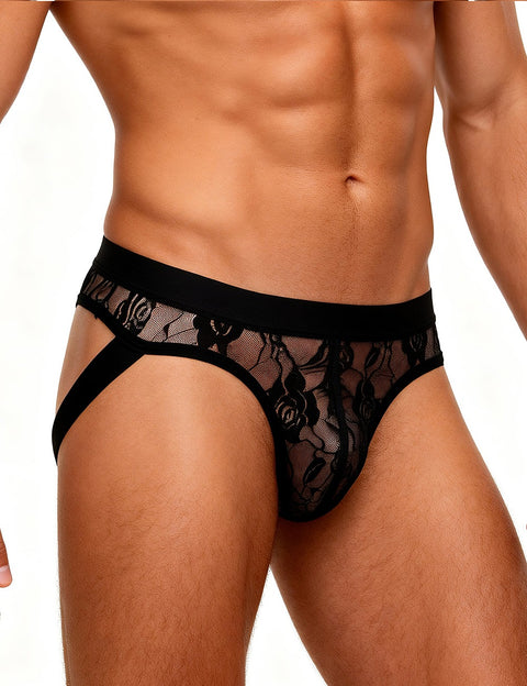 Lace See Through Mens Jockstrap Undie MP307-1 Black L