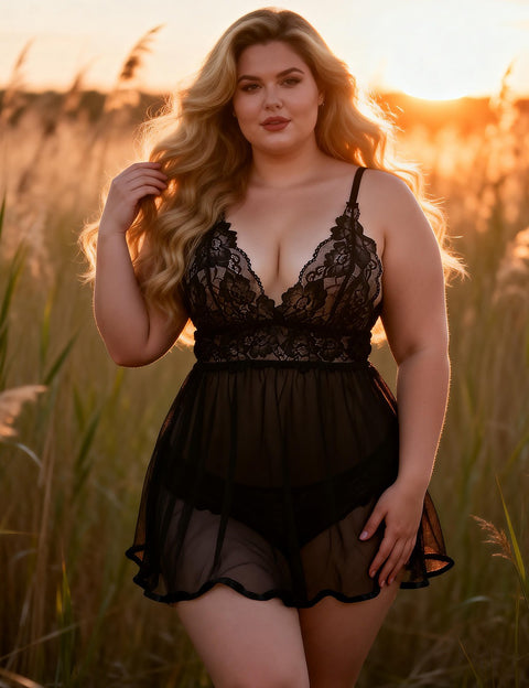 Elegant Backless Fly-away Babydoll & Panty Set R80641-1 Black XL/2XL