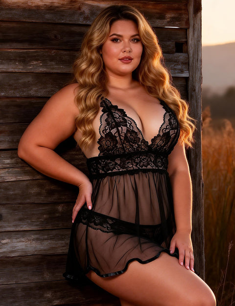Elegant Backless Fly-away Babydoll & Panty Set R80641-1 Black XL/2XL