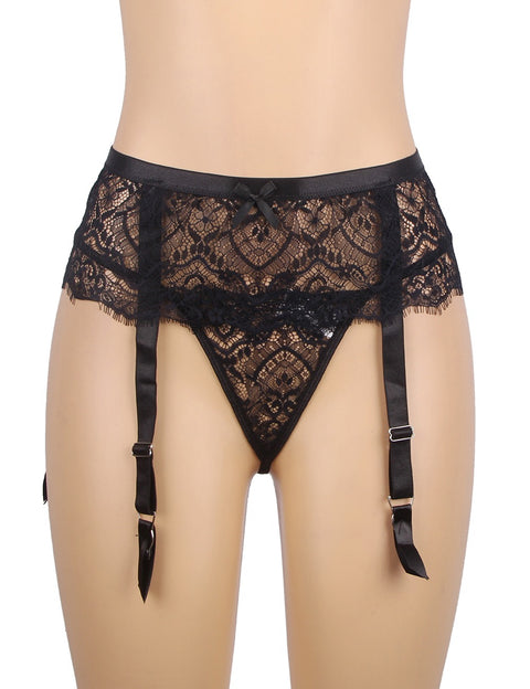 Eyelash Lace High Waist Garter Belt Panty Set P5206-1 Black XL