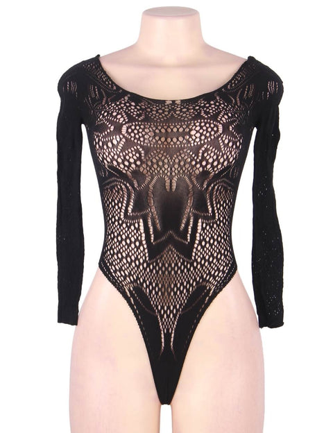 Long Sleeve Fishnet Off-the-Shoulder Bodysuit H3470 Black L/2XL
