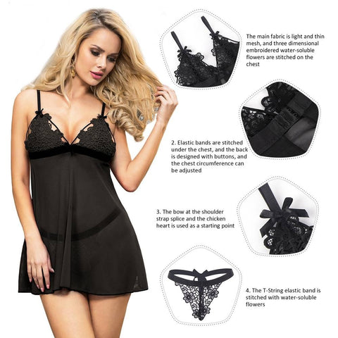 Lace Delicate Embroidery Babydoll/Chemise Set R80926-1 Black XS/S