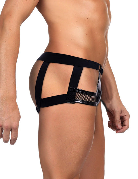 Faux Leather & Mesh Sexy Low Waist Mens Jockstrap MP305-1 Black S