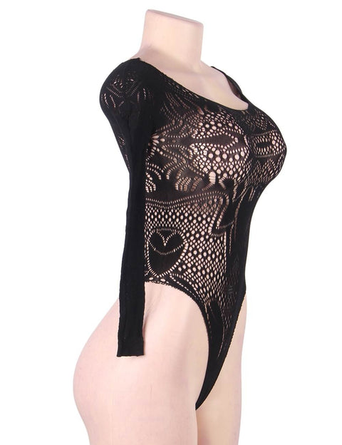 Long Sleeve Fishnet Off-the-Shoulder Bodysuit H3470 Black L/2XL