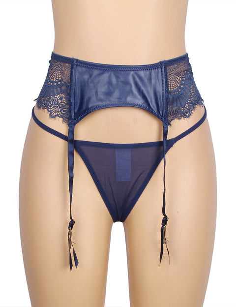 Lace Sexy Stretch High Waist Garter Belt & Panty P5198-3 Blue XS/S