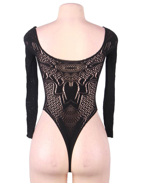Long Sleeve Fishnet Off-the-Shoulder Bodysuit H3470 Black XS/M