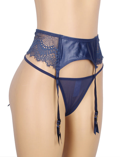 Lace Sexy Stretch High Waist Garter Belt & Panty P5198-3 Blue XS/S