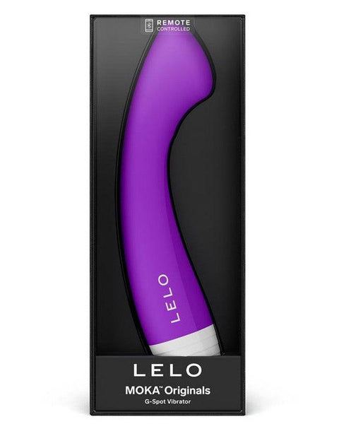Purple LELO Moka G-Spot vibrator in black packaging on a white background