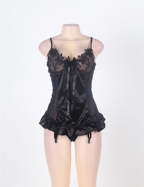 Embroidery Bra Ruffle Croch Back Babydoll Bustier R7429 Black XS/S