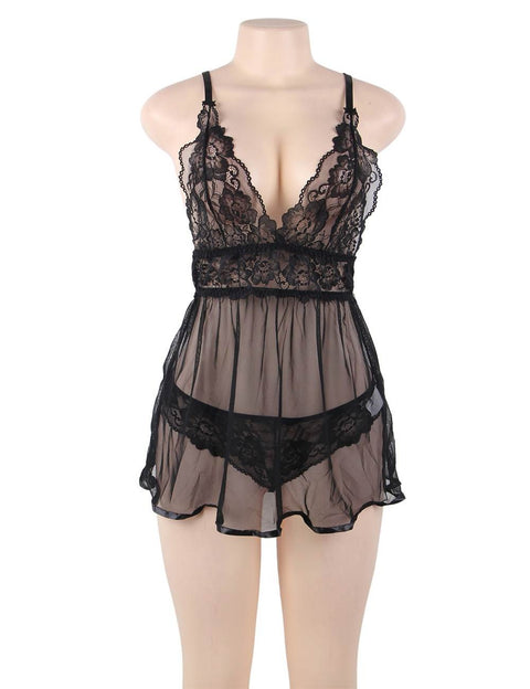 Elegant Backless Fly-away Babydoll & Panty Set R80641-1 Black XL/2XL