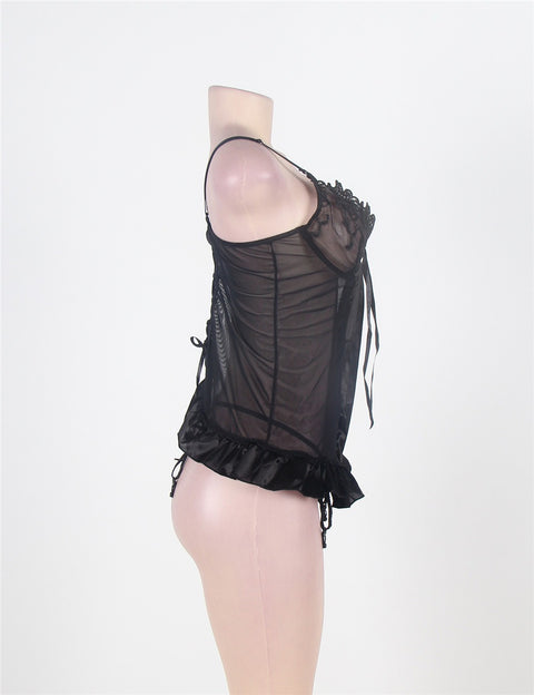 Embroidery Bra Ruffle Croch Back Babydoll Bustier R7429 Black XS/S