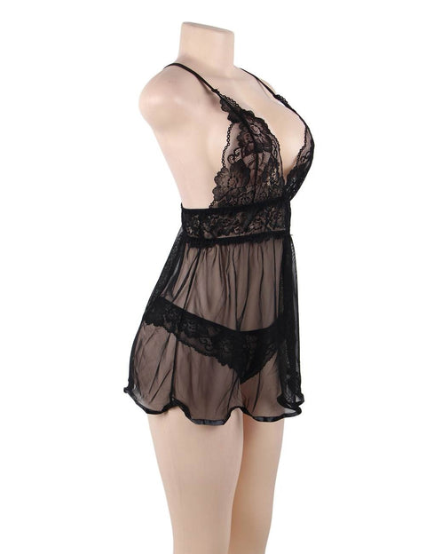 Elegant Backless Fly-away Babydoll & Panty Set R80641-1 Black XL/2XL