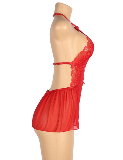 Mesh Halter Backless Floral Patterns Teddy R81101-2 Red XS/S