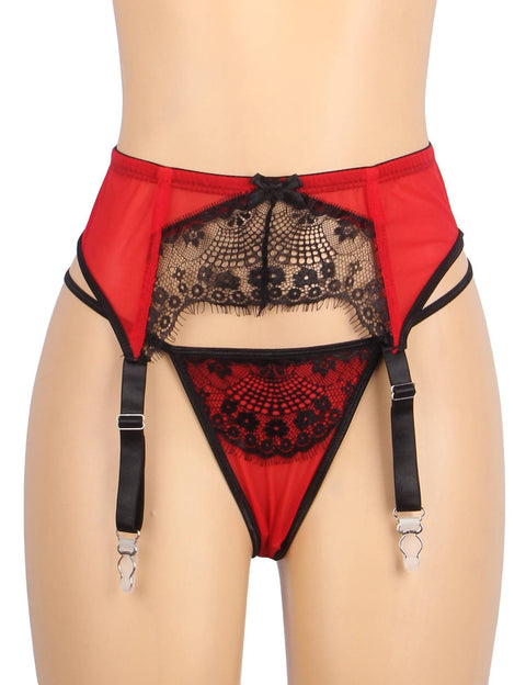 Eyelash Lace Metal Clips Garter & Panty P5255-2 Red S