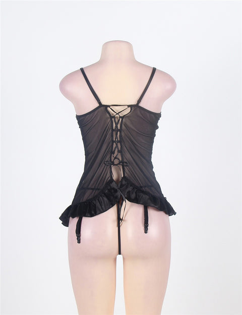 Embroidery Bra Ruffle Croch Back Babydoll Bustier R7429 Black XS/S