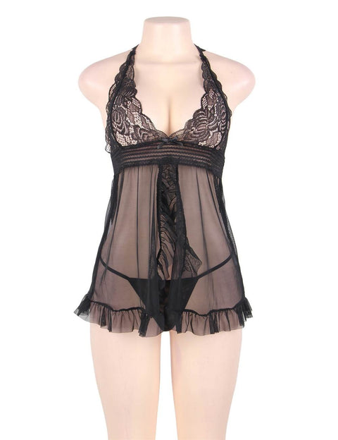 Sheer Mesh Halter Babydoll Set R80526-1 Black XS/S