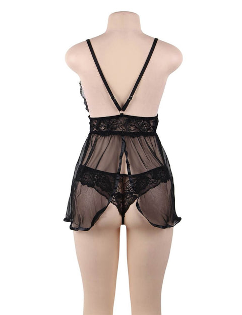 Elegant Backless Fly-away Babydoll & Panty Set R80641-1 Black XL/2XL