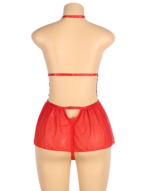 Mesh Halter Backless Floral Patterns Teddy R81101-2 Red XS/S