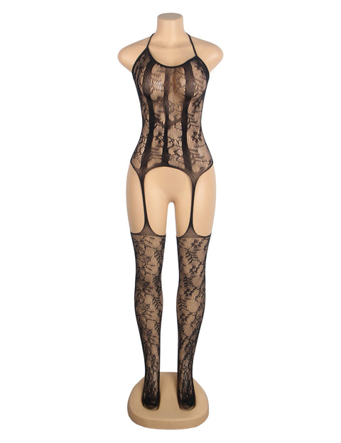 Jacquard Halter Neck Bodystocking H3633-1 Black XS/M