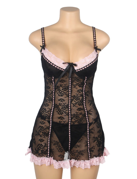 Sexy Lace Ruffled Suspender Nightdress/Chemise & Matching G-String Set R82096-1P Black/Pink L