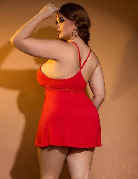 Lace Deep V Neck Suspender Nightdress R81732-2P Red XL