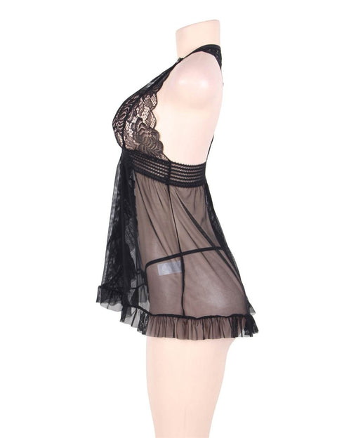 Sheer Mesh Halter Babydoll Set R80526-1 Black XS/S