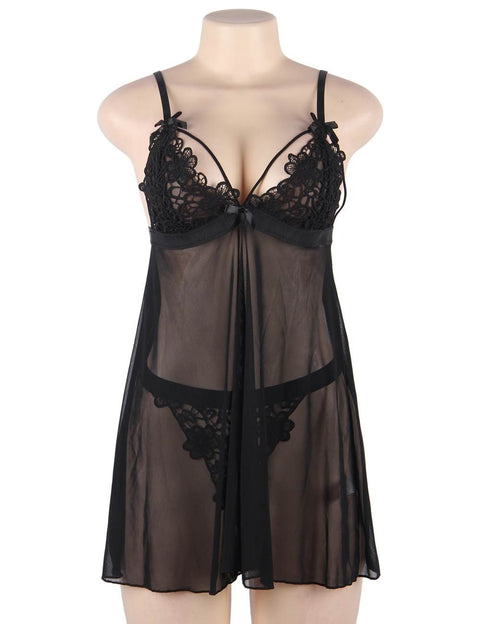 Lace Delicate Embroidery Babydoll/Chemise Set R80926-1 Black XS/S