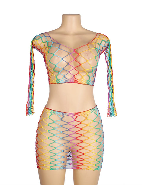 Long Sleeve Two Piece Fishnet Bodystocking H3522 Rainbow L/2XL