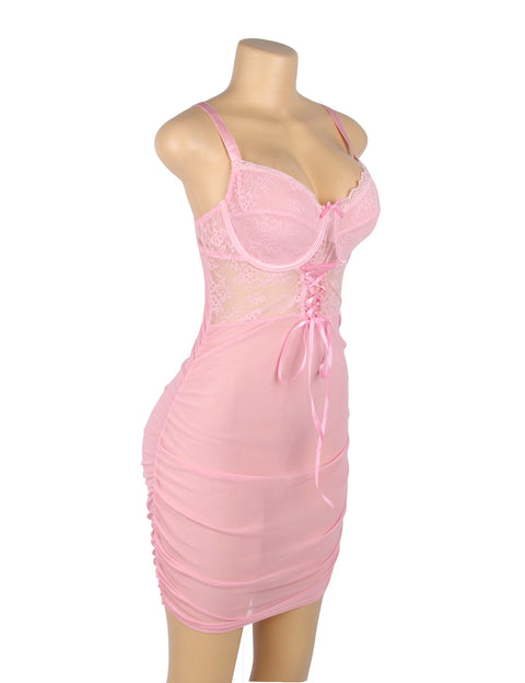 Lace Mesh Sexy Push Up Suspenders Nightdress R81314-1 Pink M