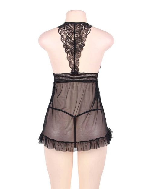 Sheer Mesh Halter Babydoll Set R80526-1 Black XS/S