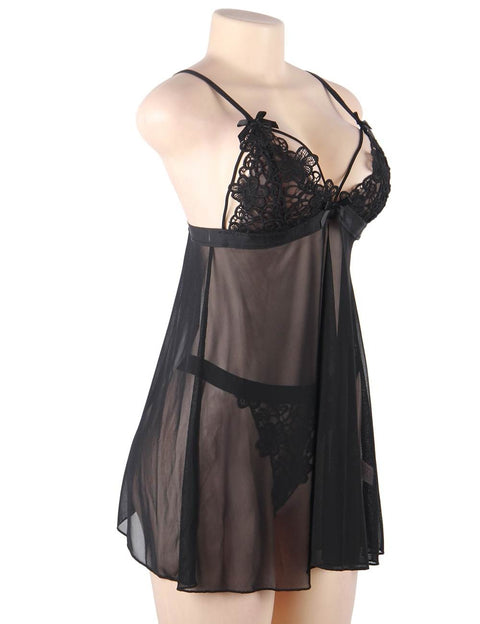 Lace Delicate Embroidery Babydoll/Chemise Set R80926-1 Black XS/S