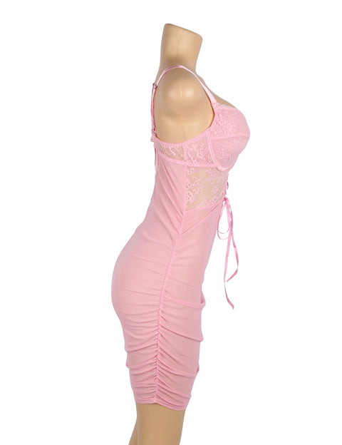 Lace Mesh Sexy Push Up Suspenders Nightdress R81314-1 Pink M