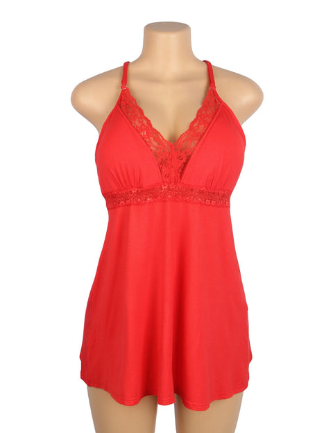Lace Deep V Neck Suspender Nightdress R81732-2P Red XL