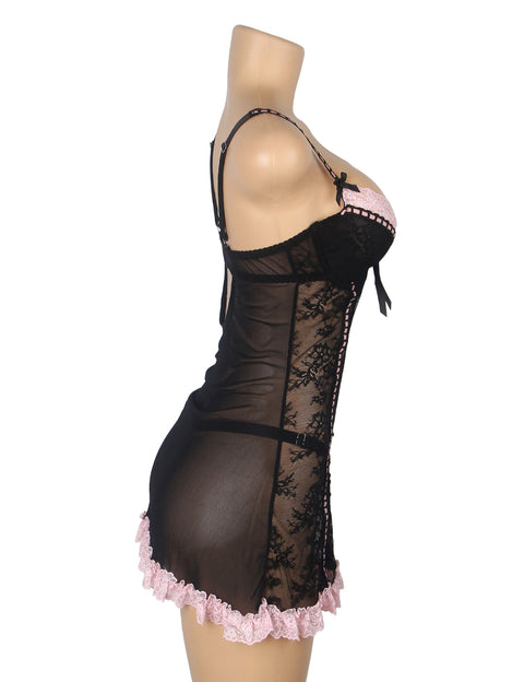 Sexy Lace Ruffled Suspender Nightdress/Chemise & Matching G-String Set R82096-1P Black/Pink 2XL