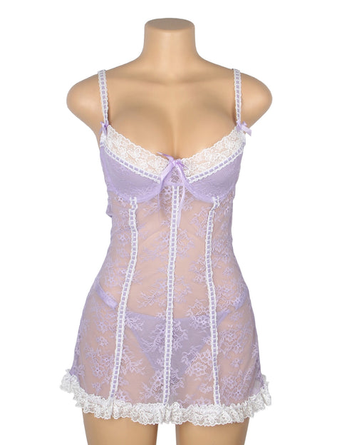 Sexy Lace Ruffled Suspender Nightdress/Chemise & Matching G-String Set R82096-4P Purple  XL