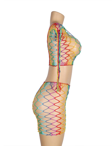 Long Sleeve Two Piece Fishnet Bodystocking H3522 Rainbow L/2XL